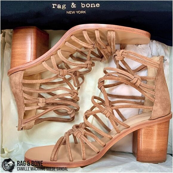 RAG & BONE CAMILLE MACRAMÉ SUEDE HIGH-HEEL STRAPPY SANDALS IN CAMEL SIZE 8, 9.5 - Picture 1 of 11